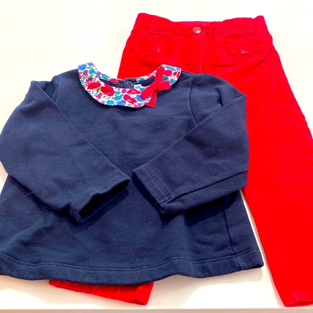 Jacadi sweatshirt with Liberty collar and corduroy pants with bow. 24 months.